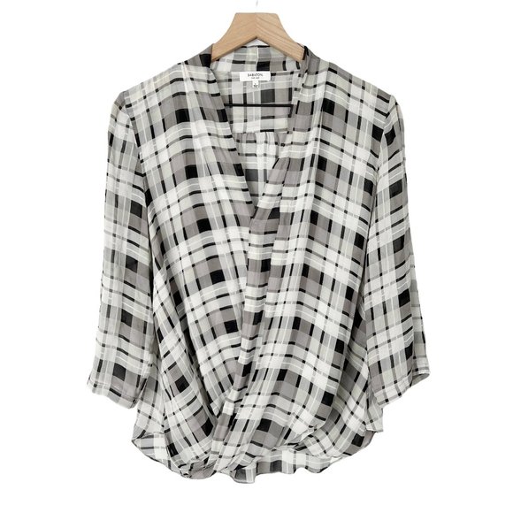 Aritzia 100% Silk Babaton Beau Wrap Draped Plaid Oversized Blouse Shirt Top - L - Picture 2 of 7